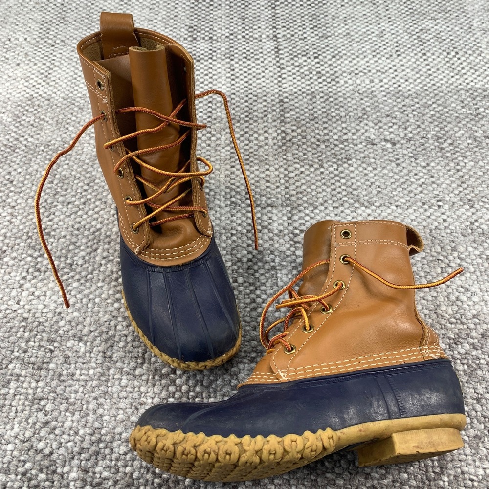LL Bean Duck Boots Mens 7 M Navy Blue 8 Inch Leather Rubber Rain Boots